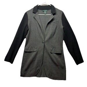 Lauren Ralph Lauren Sweater Womens M Gray Black Knit Blazer Coatigan One Button